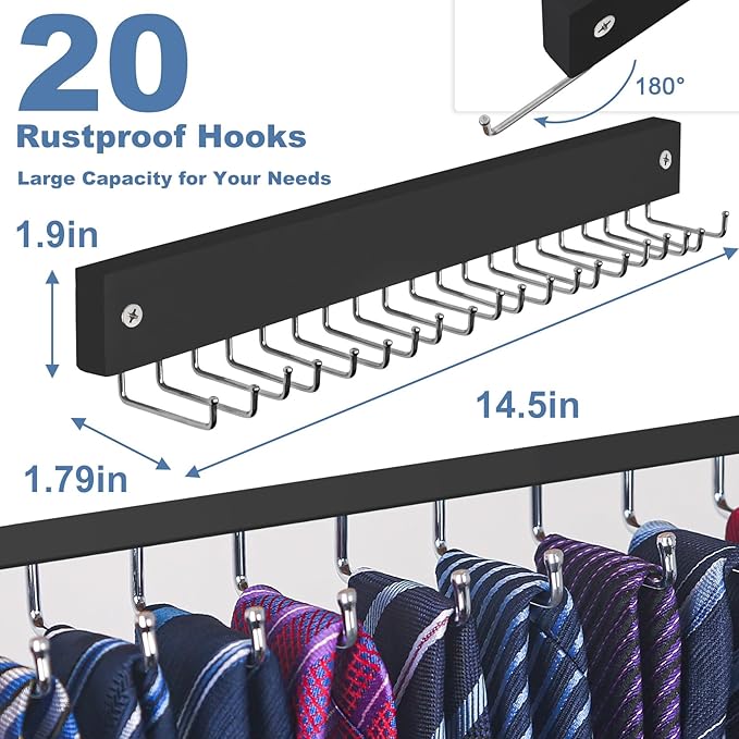 【2 in 1】 Tie Rack Belt Organizer Wall Mounted, Space Saving Tie Hanger for Closet with 20 Storage Hooks, Belt Holder for Closet Organizer Storage