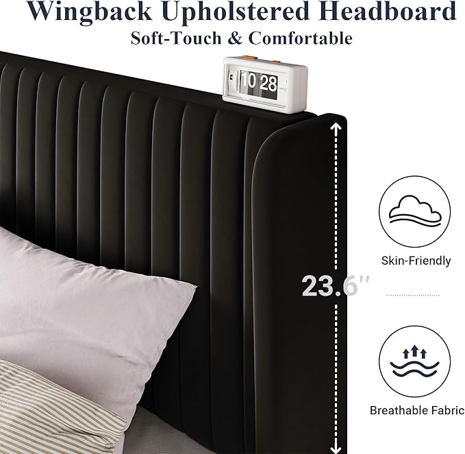Allewie Queen Size Velvet Bed Frame/Vertical Channel Tufted Wingback Headboard/Upholstered Platform Bed/Strong Wooden Slats/No Box Spring Needed/Easy Assembly/Black