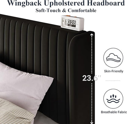 Allewie Queen Size Velvet Bed Frame/Vertical Channel Tufted Wingback Headboard/Upholstered Platform Bed/Strong Wooden Slats/No Box Spring Needed/Easy Assembly/Black