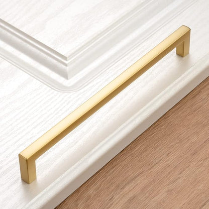 KOOFIZO Solid Square Bar Cabinet Handle - Brushed Gold Furniture Pull, 7.6 Inch/192mm Screwhole Distance, 1-Piece for Kitchen Cupboard Door, Bedroom Dresser Drawer, Bathroom Wardrobe Hardware