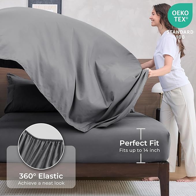 HEVUMYI 7 Pieces Queen Comforter Set, All Season Reversible Bed in a Bag Queen, Ultra Soft Queen Bedding Set with Grey Comforter, Flat Sheet, Fitted Sheet, Pillowcases, Pillow Shams, Dark Grey