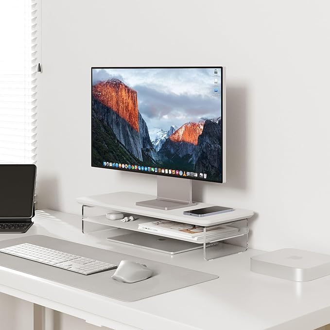 Fenge Acrylic Monitor Stand Riser, 23.6 Inches Monitor Stand with Metal Storage, 2 Tier Acrylic Computer Riser for Desk, Clear Laptop Stand for PC, Laptop, Printer, TV, White