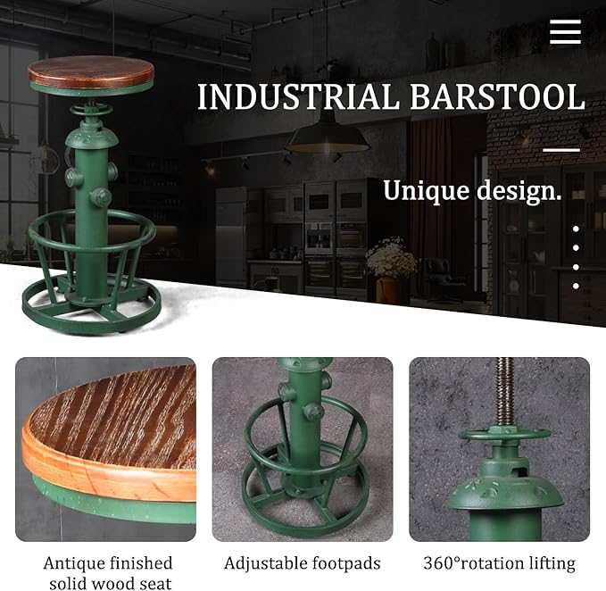 Topower Antique Industrial Round Bottom Adjustable Height Cafe Coffee Retro Vintage Stylish Water Pipe Design Pub Kitchen Bar Stool (Antique Green, Wooden Top)