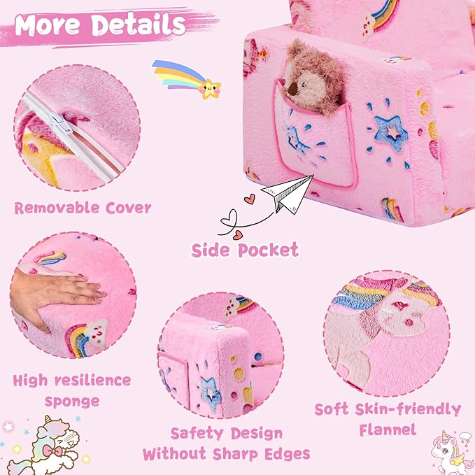Toddler Chair Comfy,2-in-1 Soft Toddler Couch Fold Out for Kids,Convertible Sofa to Lounger,Gift for Girls and Boys Birthday,Rainbow