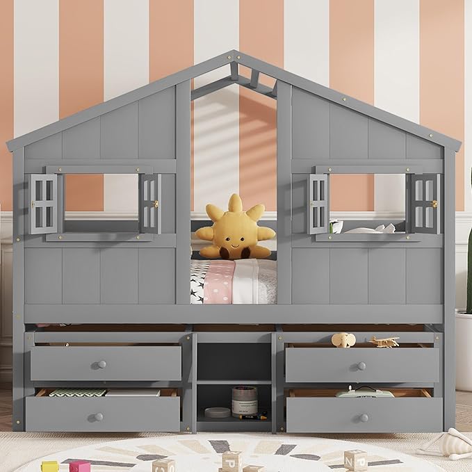 KEIKI Full Size Wooden House-Shaped Loft Bed with Roof, Windows, 4 Storage Drawers, Guardrail, Ladder, for Boys and Girls, Loft Bed with Slats, Easy Assembly, No Box Spring Required, for Bedroom, Grey