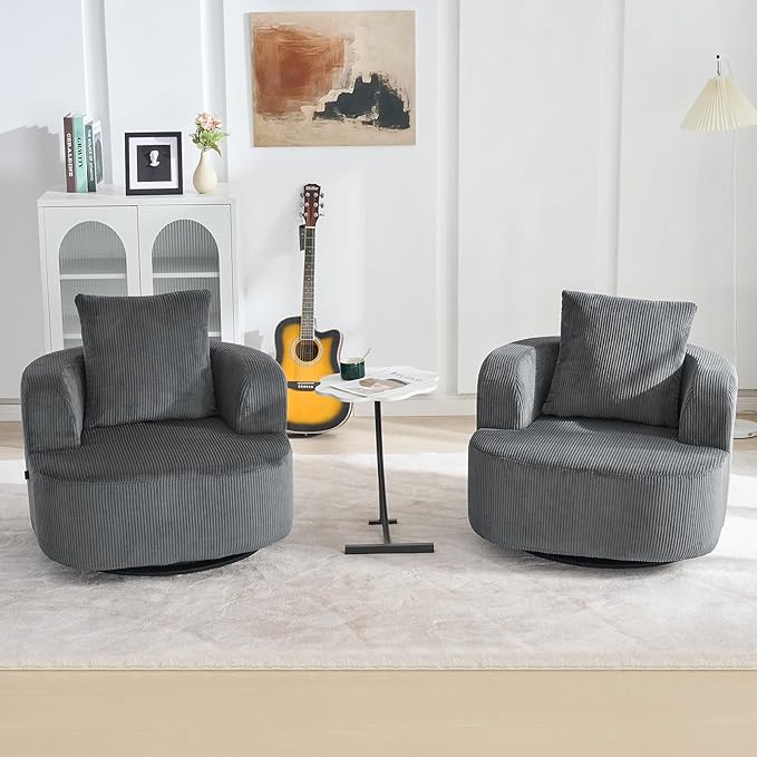 Furnimart 360° Swivel Barrel Accent Chair Set of 2, Round Upholstered Comfy Lounge Chair, Corduroy High-Resilienc Foam Single Sofa, No Assembly Wide Seat for Living Room, Bedroom, Apartment (Gray)