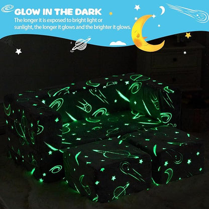 Kids Couch Sofa Modular Toddler Couch, Glow in The Dark 3 in 1 Fold Out Kids Sofa with Washable and Durable Covers for Boys, Galaxy Stars