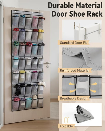 dodowin Over the Door Shoe Organizers, 2 Pack (1 Black & 1 Grey) -40 Deep Mesh Pockets Each, Over The Door Shoe Rack, Space Saving Hanging Storage Holder for Closets, Shoes & Accessories