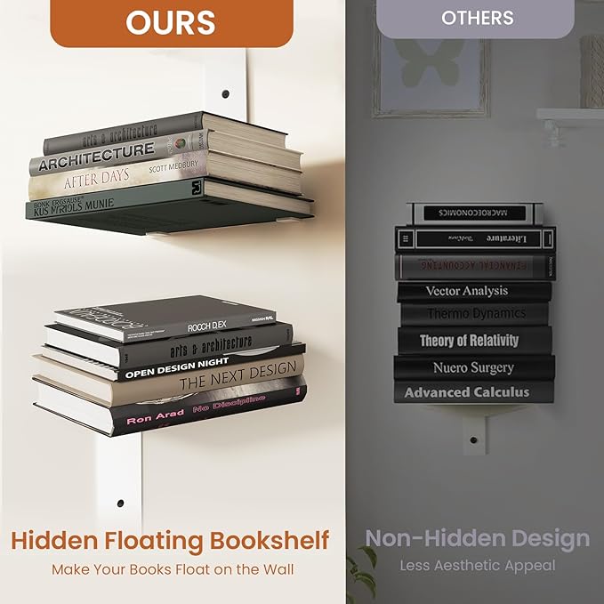 Invisible Bookshelf for Wall, 4 Tier Floating Bookshelf Made of Heavy Duty Metal, Vertical Spine Book Tower Hanging Wall Bookshelf, Floating Book Shelves for Wall, 2 Pack White