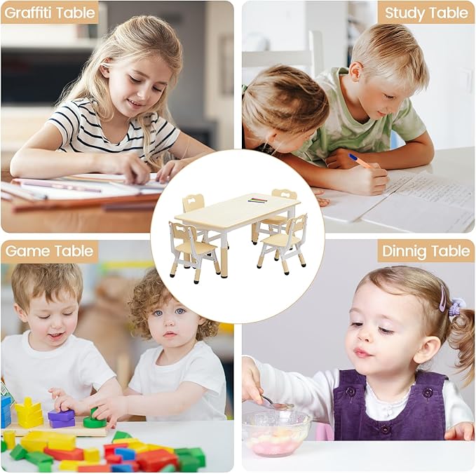 GarveeHome Kids Table and 4 Chairs Set, Height Adjustable Toddler Table and Chair Set for 4, Graffiti Desktop, Non-Slip Children Table for Home Daycare Preschool for Ages 2-8, Beige