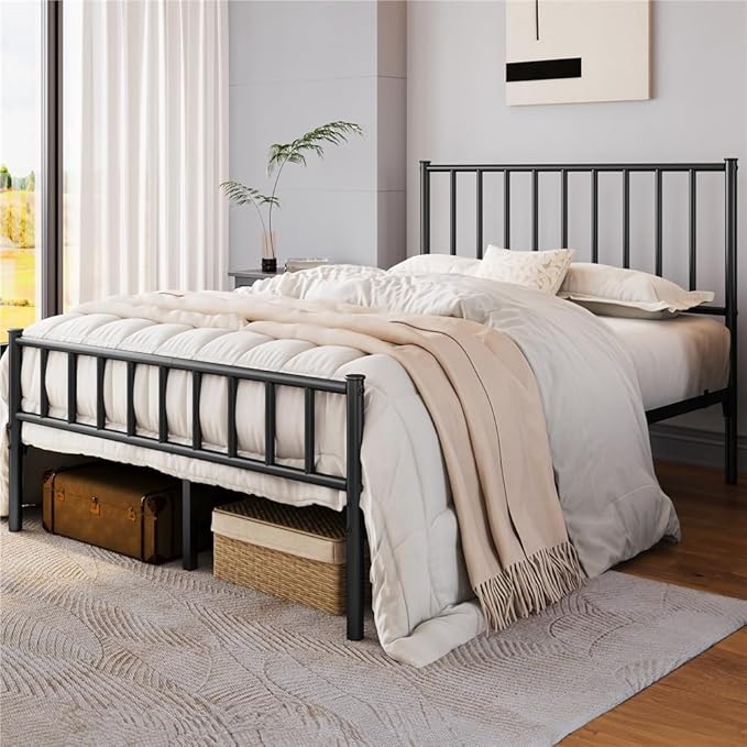 Yaheetech 14 Inch Full Size Bed Frame Metal Platform Bed with Spindle Headboard Footboard/Mattress Foundation/No Box Spring Needed/Underbed Storage Space/Steel Slat Support/Easy Set up, Black