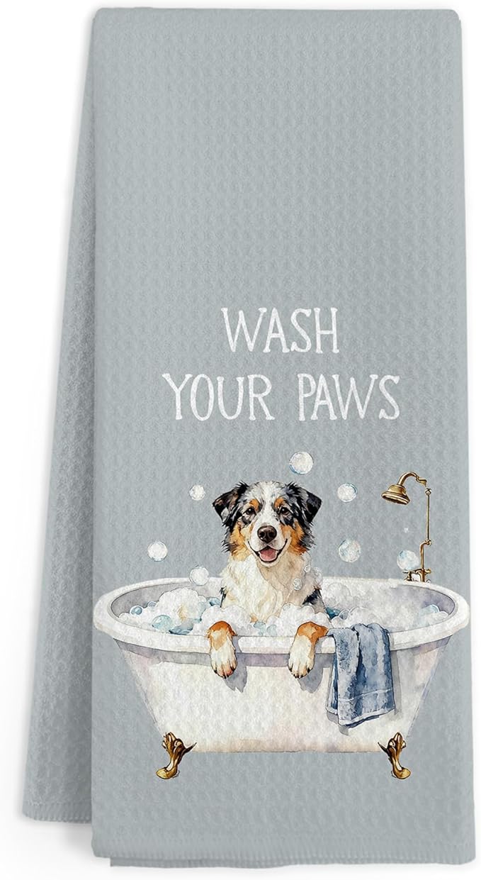 Funny Australian Shepherd Dog Hand Towels for Bathroom, Wash Your Paws Hand Towels, Australian Shepherd Dogs Dish Tea Towel for Kitchen Bathroom Decor, Dog Lover Gifts for Women Men, 16x24 Inch