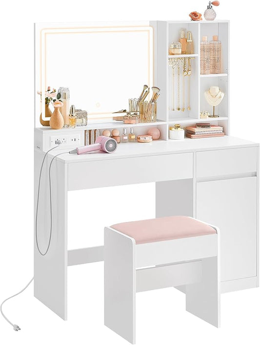 VASAGLE Vanity Desk with Mirror and Lights, Power Outlets, Vanity Table Set with Stool, Drawers, 43.3-Inch Wide Makeup Vanity, Jewelry Storage, Adjustable Shelves, for Bedroom, Cloud White URDT632W02