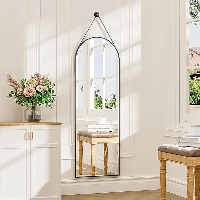 16"x48" Hanging Mirror with Leather Strap,Arched Full Length Mirror with Aluminum Frame Wall-Mounted Hanging Mirrors for Bathroom Vanity Living Room Bedroom Entryway Décor, Black