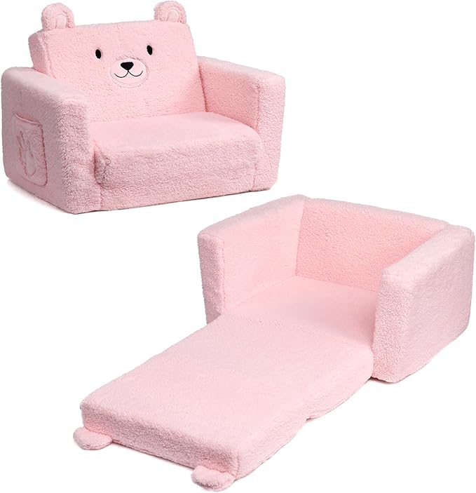 ALIMORDEN Fold Out Toddler Couch, Comfy 2-in-1 Cuddly Sherpa Bear Chair for Kids, Convertible Sofa to Lounger, Kids Cozy Corner Play Couch for Boys and Girls, Pink
