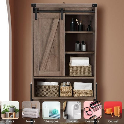 Over The Toilet Storage Cabinet, Behind Toilet Bathroom Organizer with Adjustable Shelves, Above Toilet Organizers with Barn Door, Space Saver for Restroom, Bathroom, Laundry, Grey