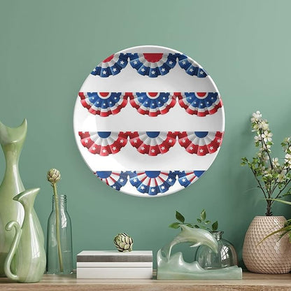 Ceramic Plates, American Flag Decor Decorative Ceramic Plates, Flag Round Bunting Election Ornament Pattern, 7 Inch, Household Plates Decorative, Blue Red