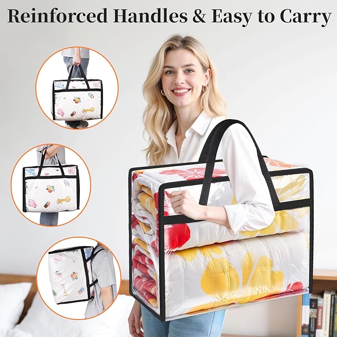 Clear Clothes Storage Bags, 6 Pack Closet Organizers and Under Bed Storage Containers, Foldable Moving Bags with Zippers for Comforter, Blanket, Bedding, Duvet, PVC Packing Bags 90L