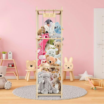 Stuffed Animal Storage, Wood Stuffed Animal Zoo Storage, 54 inch Large Plushy Organizers, Space Save Vertical Stuffed Animals Holder Holds 50+ Stuffed Animals for Nursery Playroom Bedroom (Log Color)