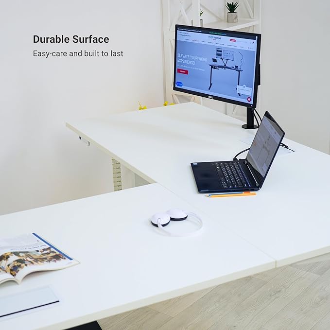 Progressive Desk Height Adjustable Computer Standing Desk - L Shaped 70" x 55" Corner Electric Stand Up Rising Workstation - Bright Beech, Gray Frame
