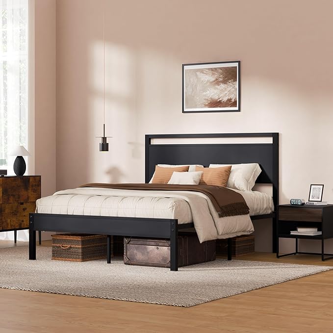 Z-hom Queen Bed Frame with Modern Wood Headboard & Footboard, Upgraded Heavy Duty Metal Sturdy Bed Frame Queen Size, Stable Platform Bed Furniture Bed Storage, No Noise, No Box Springs, Black