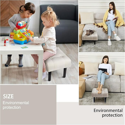 HOUCHICS Fur Padded Foot Stool, Small Ottoman with Wooden Legs, Modern Rectangle Chair Foot Rest for Living Room, Couch, Desk (White)