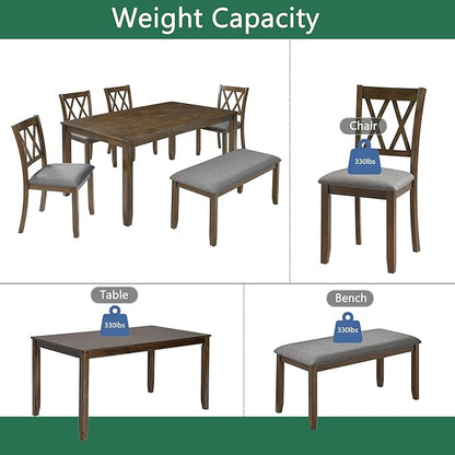 soges 6 Piece Kitchen Dining Set, Rectangular Wooden Dining Table with 4 Upholstered Chairs and a Bench, Morden Dining Table Set for 6 People, Living Room, Home and Kitchen, Walnut