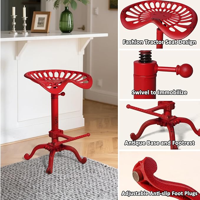 Diwhy Rustic Industrial Farmhouse Tractor Seat Adjustable Bar Stool Industrial bar Chair (Aged Red, Cast Iron)