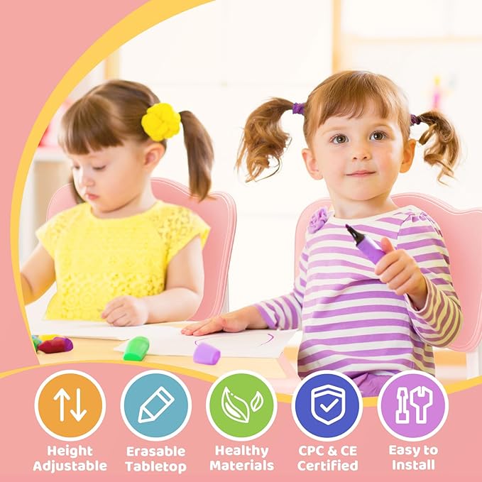 FUNLIO Kids Table and 4 Chairs Set for Ages 3-8, Height Adjustable Toddler Table and Chair Set, Easy to Wipe Arts & Crafts Table, for Classrooms/Daycares/Homes, CPC & CE Approved (5 pcs Set) - Pink