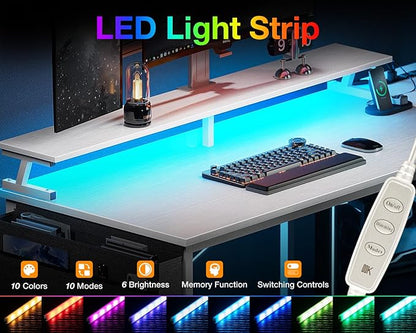 ODK 48 Inch Gaming Desk with USB Charging Ports and LED Lights, Reversible L Shaped Computer Desk with Storage Shelves & Monitor Stand, Corner Home Office Desk Table with Power Outlets, White