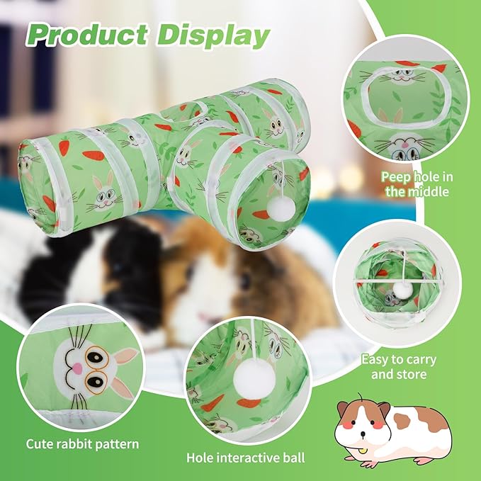 Rypet Guinea Pig Tunnel 3 Way Collapsible Small Pet Tunnels and Tubes with Interactive Ball for Baby Rabbit Ferret Hamster Chinchilla Hedgehog Hiding and Resting-Green