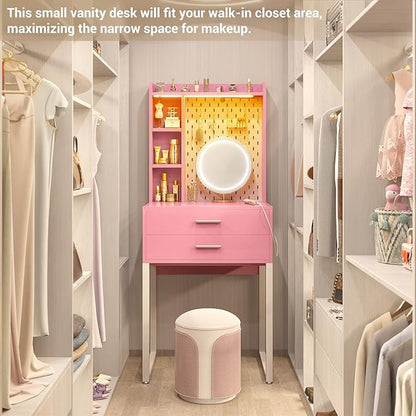 Small Vanity Desk with Hutch and Drawers, Pink Makeup Vanity Desk with Outlets, Vanity Table Dressing Table with LED Lights, Vanity Desks No Mirror with Pegboard for Girls Women, 24"