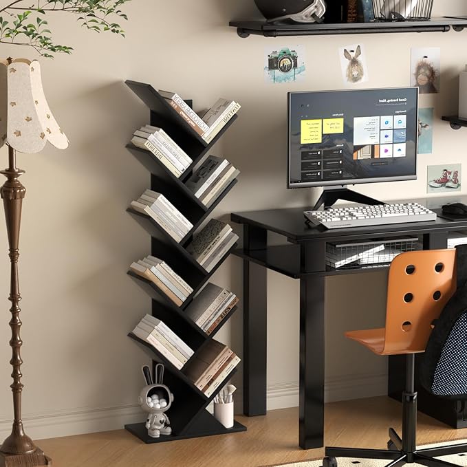10 Tier Tree Book Shelf, Floor Standing Wood Bookshelf for Narrow Space, Storage Organizer Bookshelves for Books/CDs/Magazine, Bookcase with Shelves for Home Office, Living Room - Black