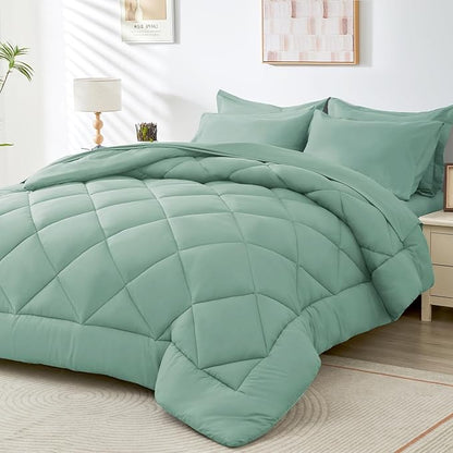 HEVUMYI Sage Green Twin-XL Comforter Set - 5-Piece All Season Bed in a Bag Twin-XL, Ultra Soft Bedding Set with Comforter, Flat Sheet, Fitted Sheet, Pillowcases, Pillow Shams, Sage Green