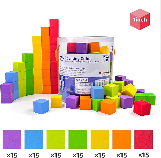 Foam Counting Blocks, 105 Pieces 1 Inch Soft Rainbow Math Counters Cubes, Math Manipulatives Preschool, Classroom Learning Supplies, Stacking Blocks for Kids Ages 3+