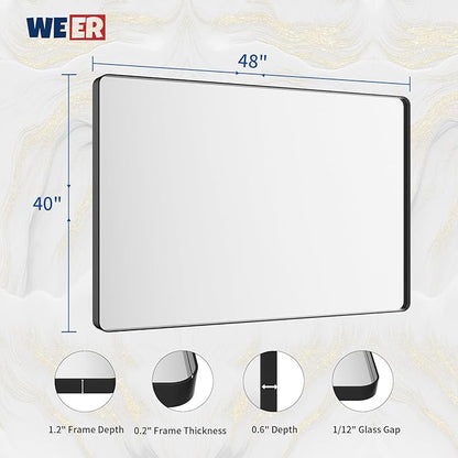WEER Black Bathroom Mirror for Wall, 48X40 Inch Matte Black Mirror, Rectangular Black Metal Framed Vanity Mirror with Tempered Glass, Rounded Corner, Anti-Rust (Horizontal/Vertical)
