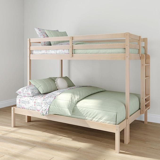Grain & Grove Bear Twin Over Full Bunk Bed, Sturdy Bunk Bed Frame for Kids, Plywood Bunk with Ladder, Guardrail, and Slats, No Box Spring Required, Oak Embossed Natural