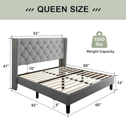 Feonase Queen Bed Frame with Upholstered Wingback Headboard, Platform Bed and Heavy Duty Wooden Slats Support, Easy Assembly, Noise-Free, No Box Spring Needed, Light Gray