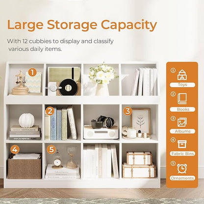 12-Cube Wooden Storage Bookcase - 11-Inch Open Shelf Cabinet, Simple Modern Bookshelf Organizer for Home Office, Living Room, White