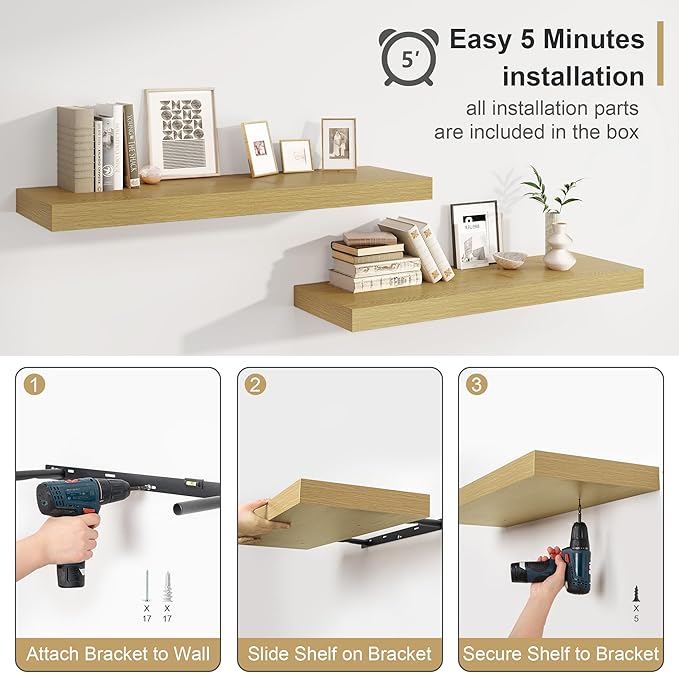12" Deep Oak Floating Shelves,Over Toilet Long Wall Mounted Modern Farmhouse 36 inches,Wall Shelves with Invisible Brackets for Bedroom, Bathroom, Living Room, Kitchen, Set of 1