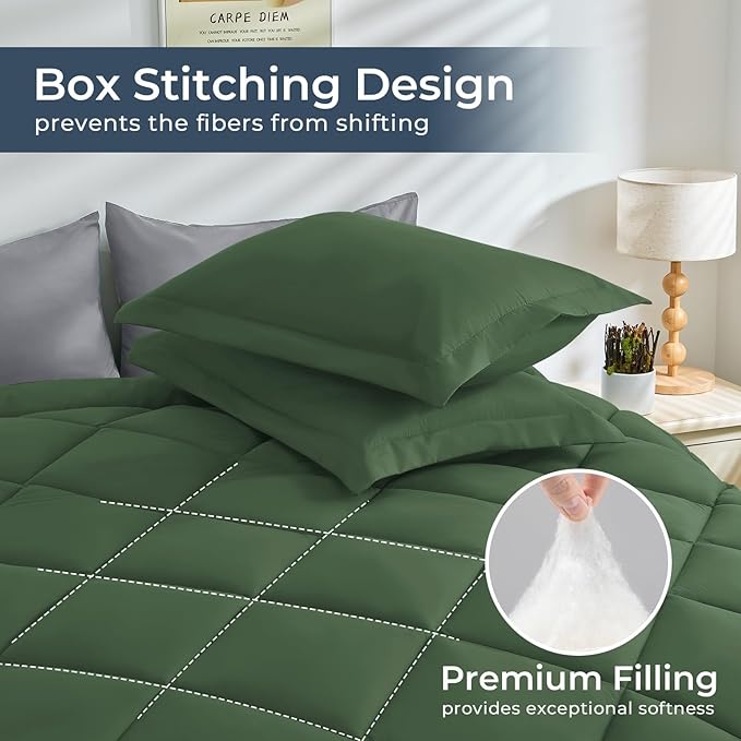 HEVUMYI Twin-XL Comforter Set - 5-Piece All Season Bed in a Bag Twin-XL, Ultra Soft Bedding Set with Comforter, Flat Sheet, Fitted Sheet, Pillowcases, Pillow Shams, Green & Light Grey