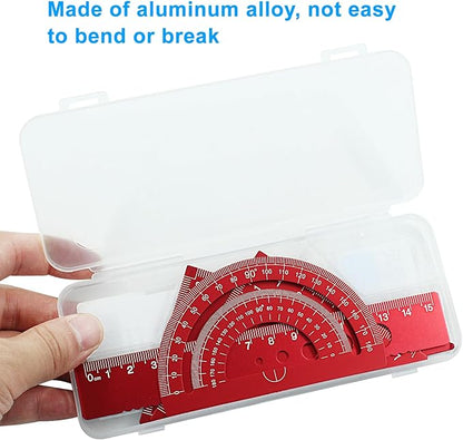 4 Pcs Triangular Ruler Set, Aluminum Alloy Geometry Tools, Metal Drafting Ruler for Students, Draftsmen, Engineers, School Office Supplies with Protractor & Metric Scales (Red)