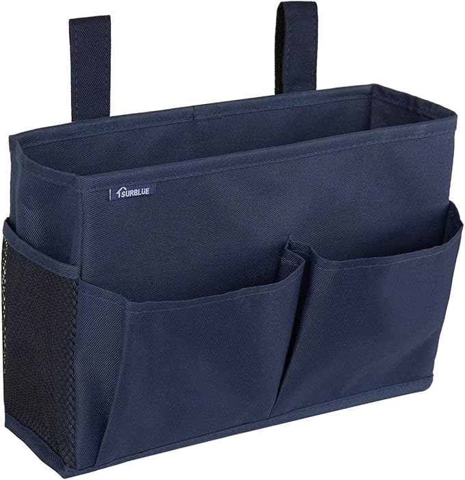 Surblue Bedside Caddy Hanging Organizer Storage Bag Pocket for Bunk, Hospital, College Dorm Rooms, Baby Bed Rails, Camp - 4 Pockets, 2 Hooks (Blue)