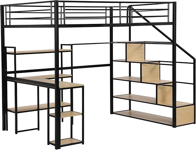 Full Size Metal Loft Bed with Staircase,Full-Length Guardrails,a Built-in Desk and a 3-Tier Shelf,No Box Spring Needed,Noise Free,for Juniors&Adults,Black