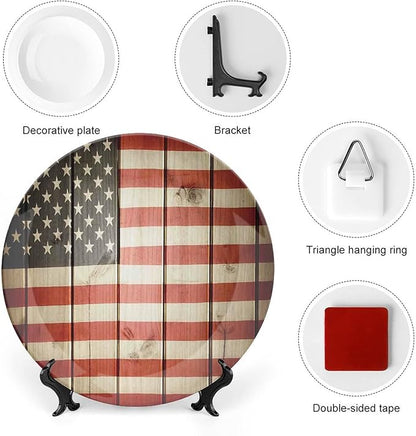 Decorative Plates, American Flag Decor Print Ornament, USA Flag Over Vertical Striped Wooden Board, 7 Inch, 1 Plate with 1 Display Stand, Blue Red