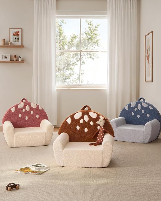 Blissful Diary Toddler Chair Comfy, Foam Kids Chair with Soft Teddy Plush, Toddler Reading Armchair with Cute Mushroom Designs- Brown