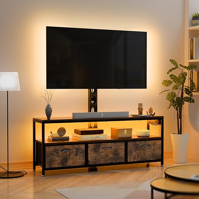 JUSTOGO TV Stand with Mount and Power Outlet, TV Stand with Drawers Storage for Living Room Bedroom, LED Entertainment Center for 45/55/60/65 inch, Height Adjustable Media Console, Rustic