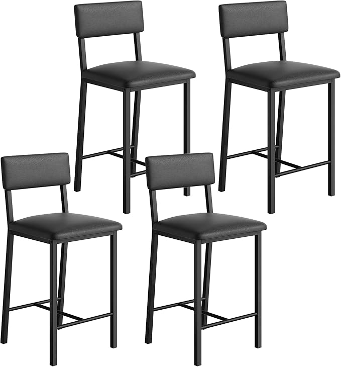 Garvee Bar Stools Set of 4, Kitchen Barstools with Thick Cushion, 25 Inch Counter Height Bar Stools with Backrest and Footrest, for Dining Room, Kitchen Island Counter Chairs, Retro Black