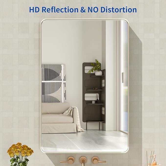 WEER 20X30 Inch Brushed Nickel Bathroom Mirror, Brushed Silver Metal Frame Mirror, Rounded Rectangle Silver Bathroom Vanity Mirror, Tempered Glass, Anti-Rust, Hangs Horizontally or Vertically