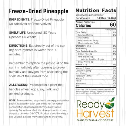 Ready Harvest Freeze Dried Food - Pineapple Chunks | Emergency Storage | Whole Food | #10 Can | 30-Year Shelf Life | Cans Filled to the Top